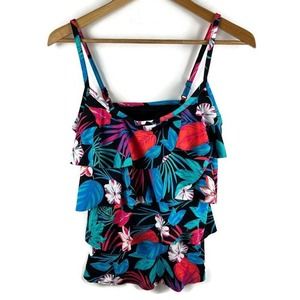 Dreamsuit By Miracle Brands Tankini Top Size 8￼ Black Pink Floral Ruffle Swim